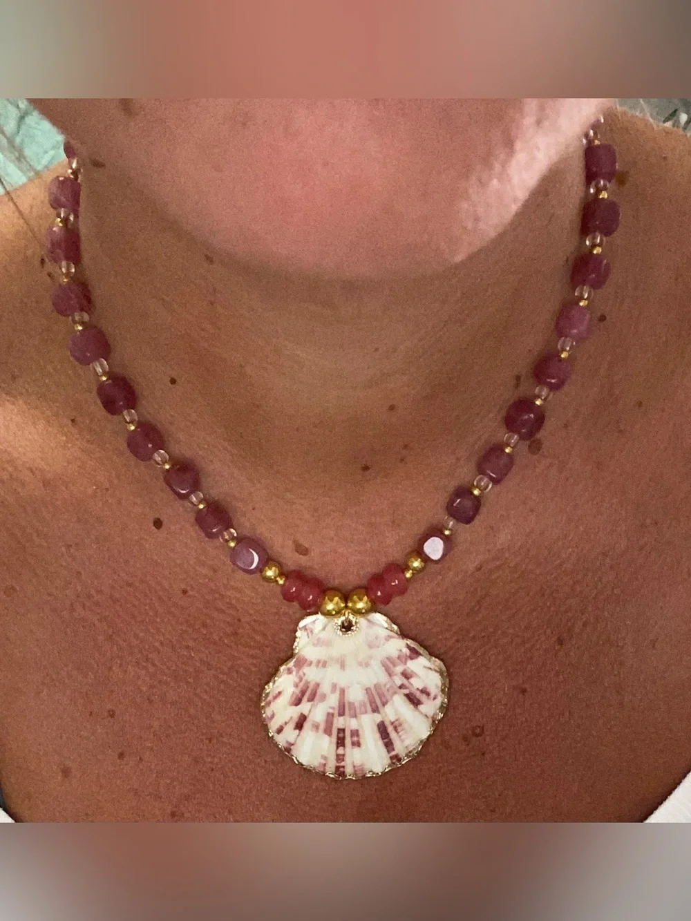 Handmade Pink Shell Pendant Necklace with Gold Accents